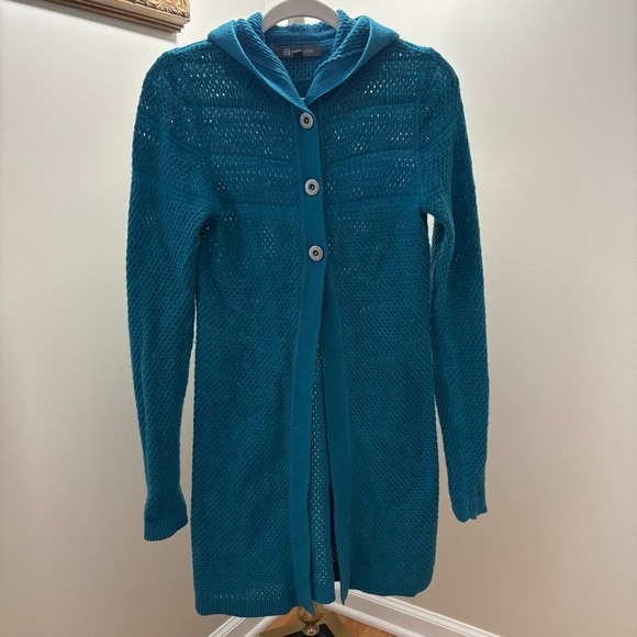 Title Nine Hooded Longline Button Up Cardigan Sweater Wool Alpaca Teal Green S - Picture 1 of 10
